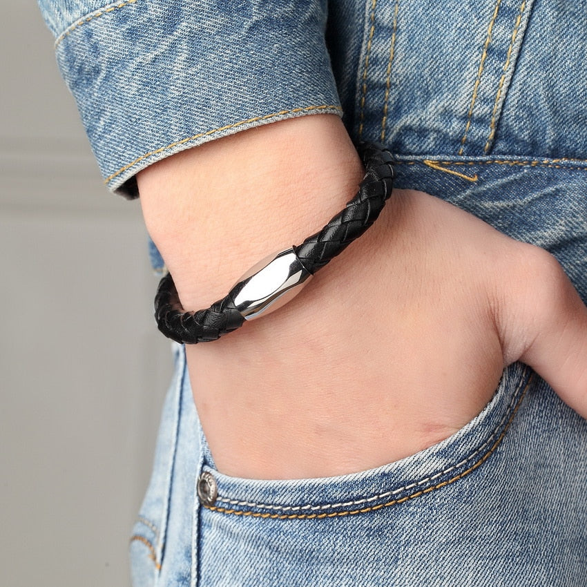 Stainless Steel Chain Leather Bracelet with 5 Different Models