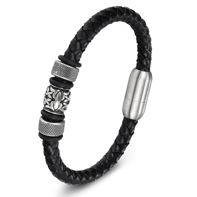 2017 Fashion Stainless Steel Chain Genuine Leather Bracelet