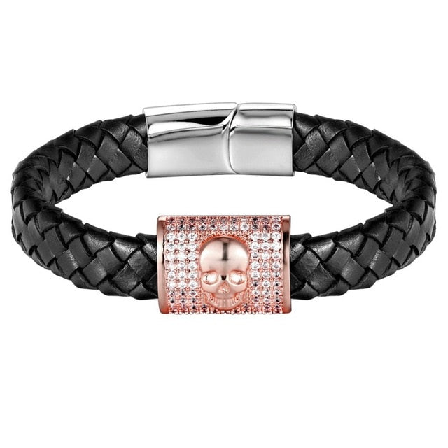 Genuine Leather 316L Stainless Steel Skull Skeleton Bracelet with Different 4 Colors