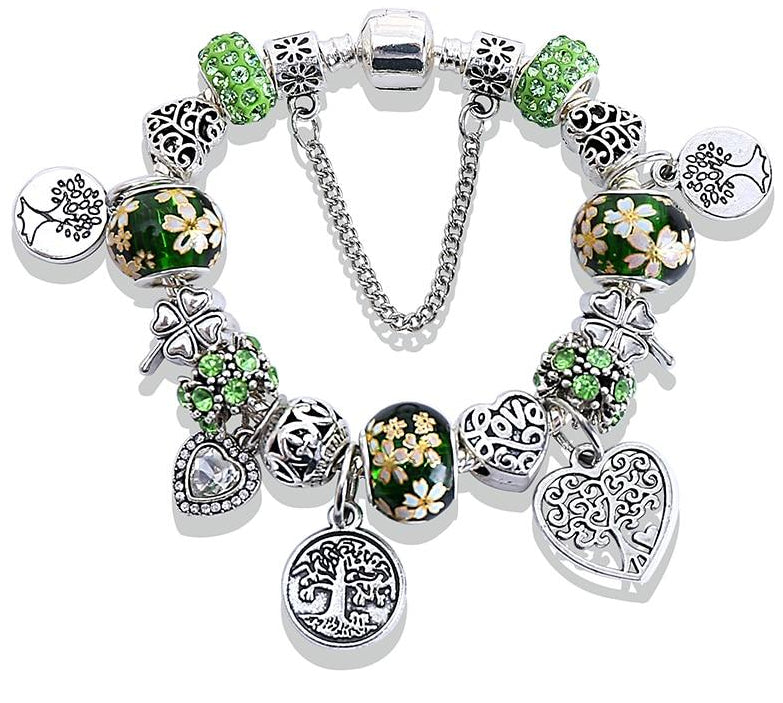 Green Tree of Life Charm Pandora, Heart Flower, Bead Bracelet