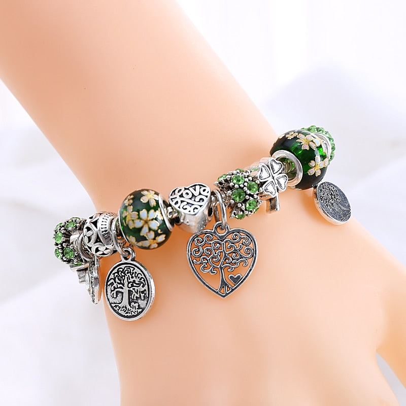 Green Tree of Life Charm Pandora, Heart Flower, Bead Bracelet