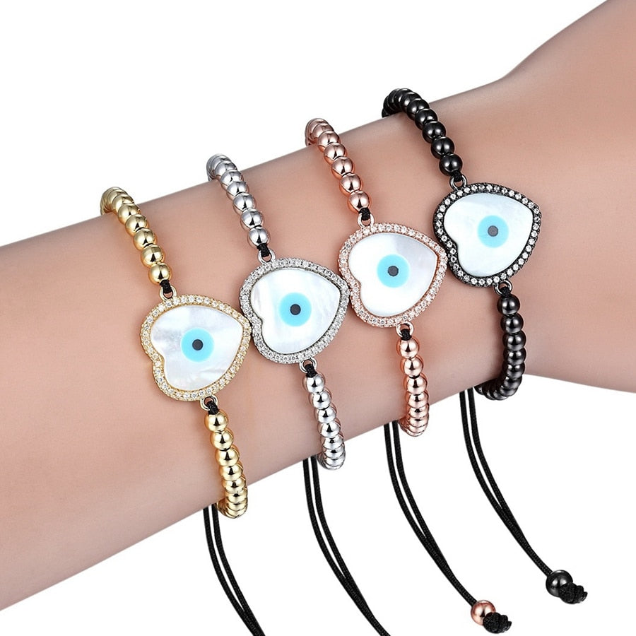 Natural Shell & Cubic Zircon Evil Eyes Adjustable Charm Bracelet For Women 4 Different Style