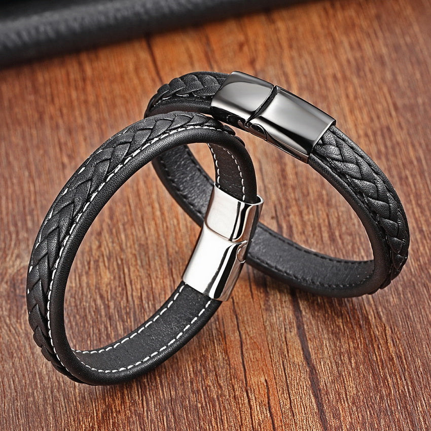 Genuine Leather Stainless Steel Bracelet with 6 Different Colours