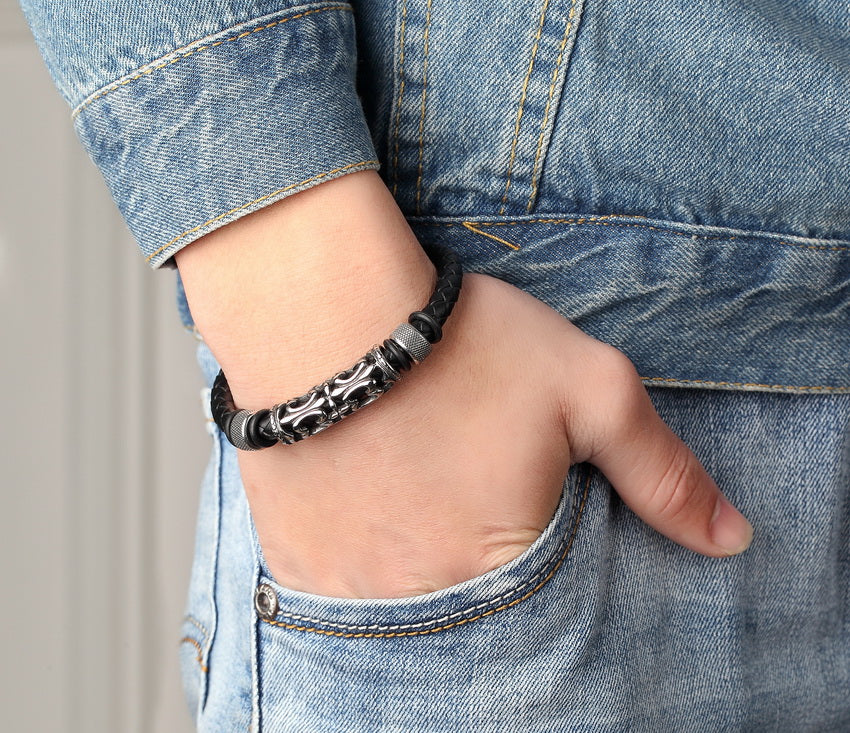 2017 Fashion Stainless Steel Chain Genuine Leather Bracelet