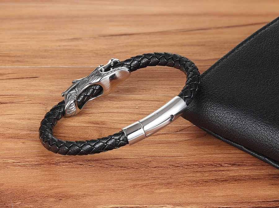 Retro Chinese Symbol Dragon Pattern Genuine Leather Bracelet