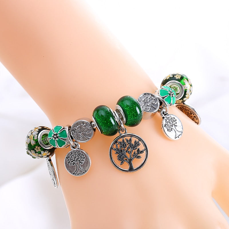 Green Tree of Life Charm Pandora, Heart Flower, Bead Bracelet