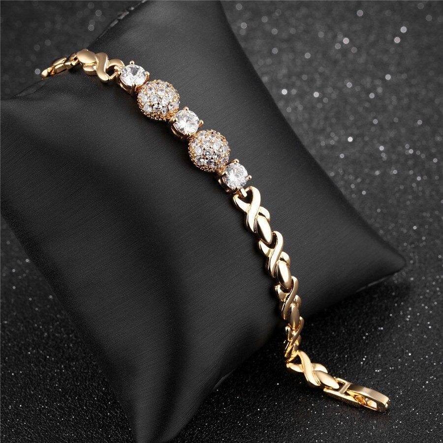 Round Circle Romantic Luxury Gold Color Inlaid Cubic Zircon Link Chain for Women Bracelet