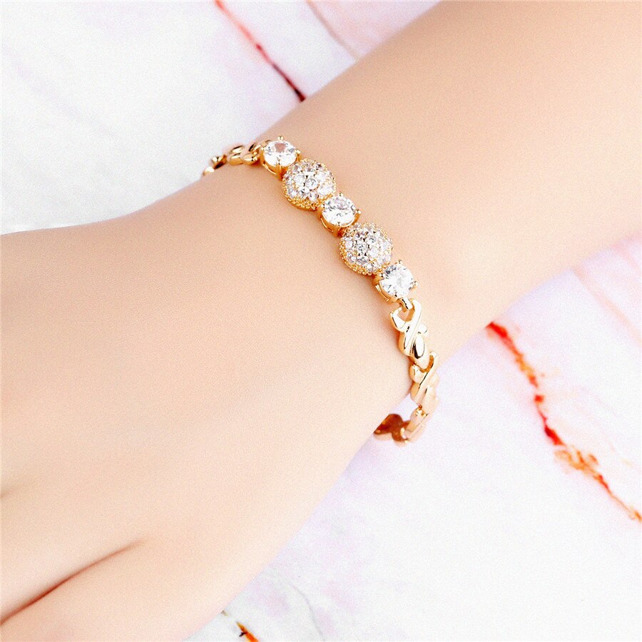 Round Circle Romantic Luxury Gold Color Inlaid Cubic Zircon Link Chain for Women Bracelet