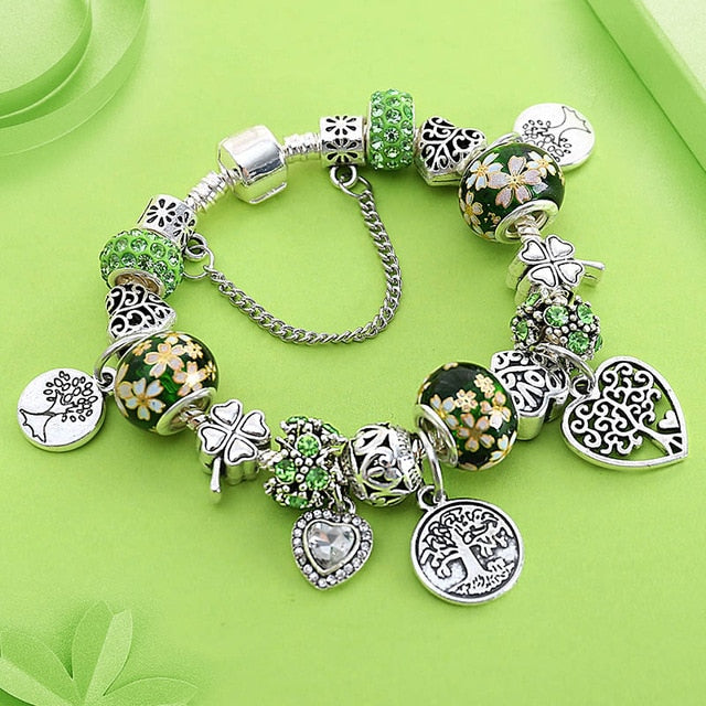 Green Tree of Life Charm Pandora, Heart Flower, Bead Bracelet