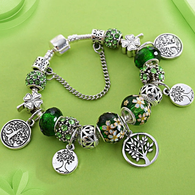Green Tree of Life Charm Pandora, Heart Flower, Bead Bracelet